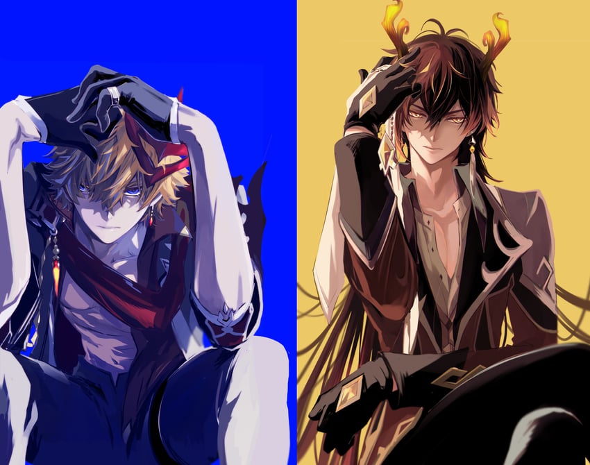 zhongli and tartaglia (genshin impact) drawn by mori_morii