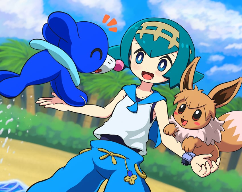 eevee, lana, and popplio (pokemon and 1 more) drawn by takamame