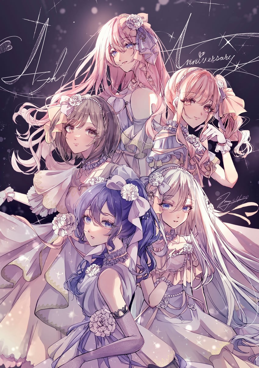 megurine luka, asahina mafuyu, shinonome ena, akiyama mizuki, yoisaki kanade, and 1 more (vocaloid and 1 more) drawn by saku8587