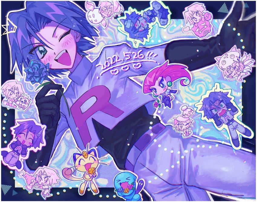 jessie, james, meowth, wobbuffet, chimecho, and 3 more (pokemon) drawn by ameya_(okemu_ame)