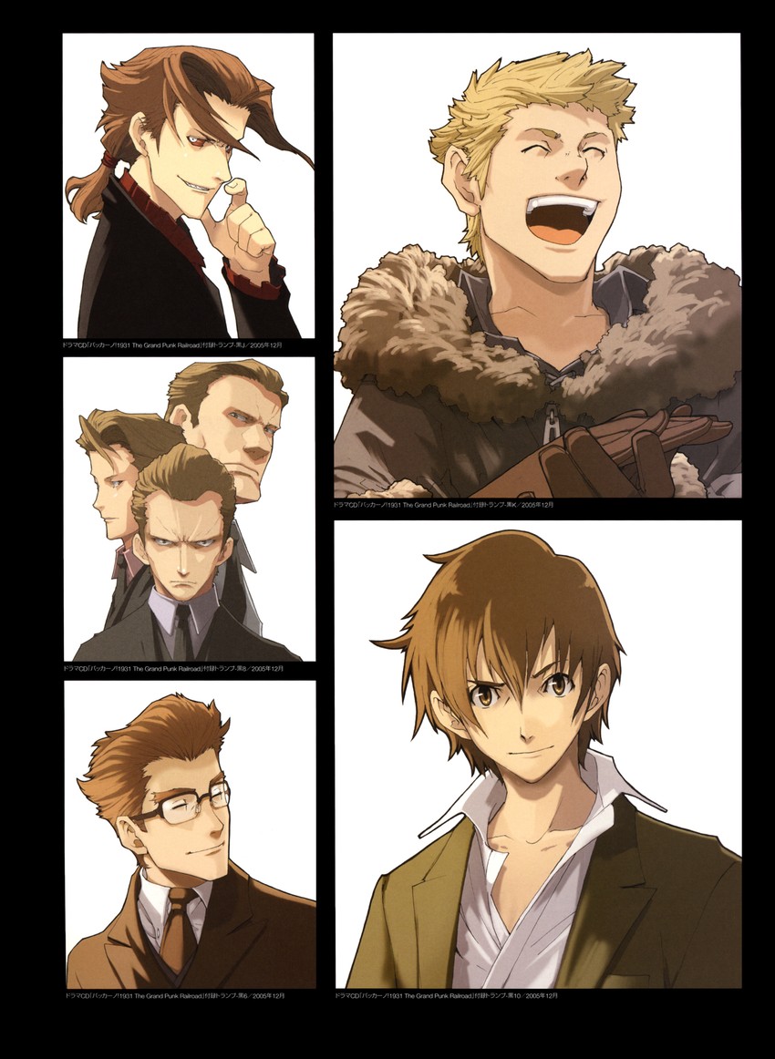 firo prochainezo, luck gandor, elmer albatross, maiza avaro, christopher shouldered, and 2 more (baccano!) drawn by enami_katsumi