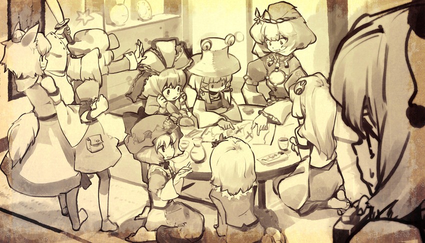 kochiya sanae, shameimaru aya, inubashiri momiji, moriya suwako, kawashiro nitori, and 4 more (touhou and 1 more) drawn by tcmk
