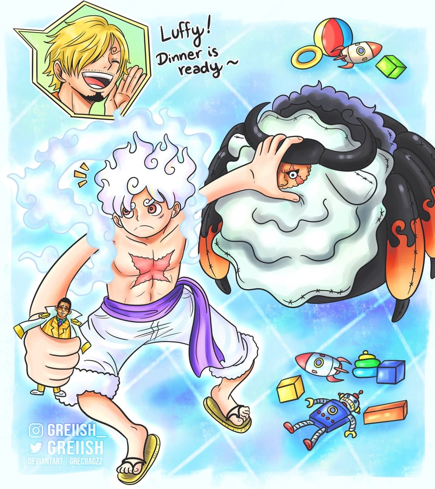 monkey d. luffy, sanji, kizaru, and jaygarcia saturn (one piece) drawn by greciiagzz