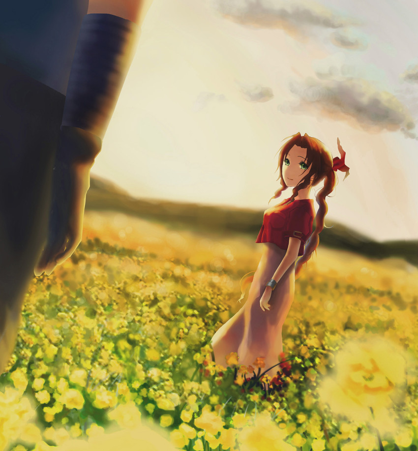 cloud strife and aerith gainsborough (final fantasy and 1 more) drawn by aireborn