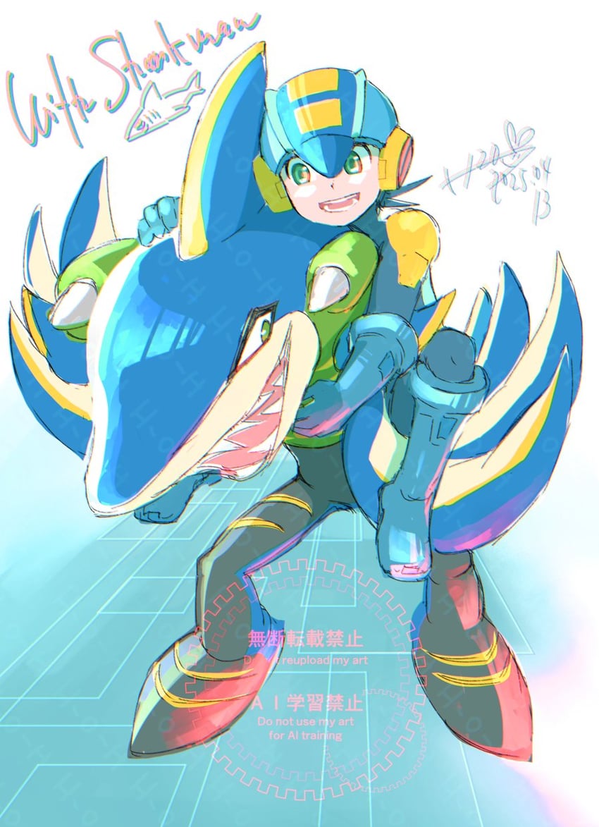 megaman.exe and sharkman.exe (mega man and 2 more) drawn by h2o_(gueguecamp)