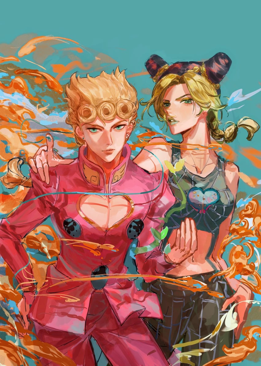 kujo jolyne and giorno giovanna (jojo no kimyou na bouken and 2 more) drawn by tusi0507