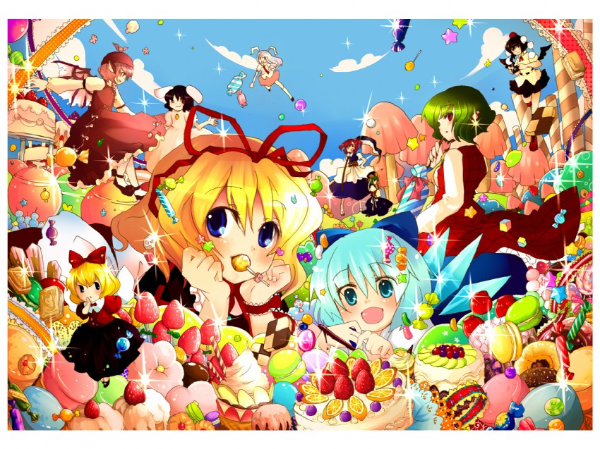 cirno, shameimaru aya, reisen udongein inaba, kazami yuuka, mystia lorelei, and 5 more (touhou) drawn by hanada_hyou