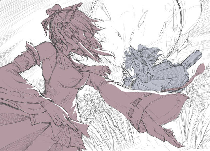 hakurei reimu and kirisame marisa (touhou) drawn by kawamura_tsukasa