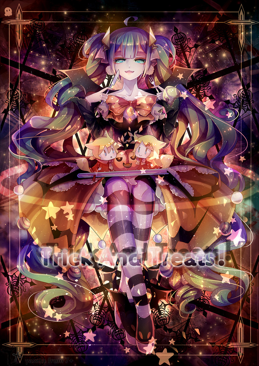 hatsune miku, kagamine rin, kagamine len, and halloween miku (vocaloid) drawn by yasato