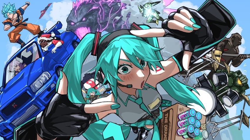 hatsune miku, son goku, spider-man, godzilla, trunks, and 6 more (vocaloid and 12 more) drawn by heartbreak_juan
