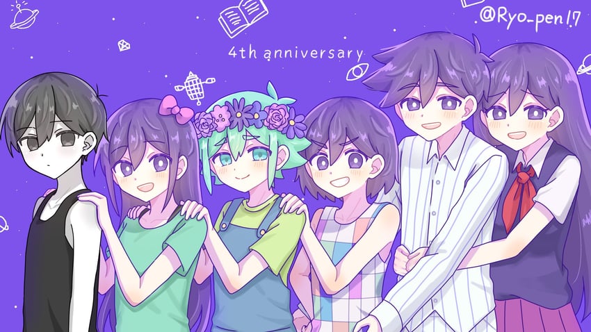 omori, basil, aubrey, mari, kel, and 1 more (omori) drawn by ryo_pen17