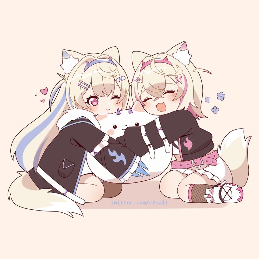 fuwawa abyssgard, mococo abyssgard, and perroccino (hololive and 1 more) drawn by r2salt