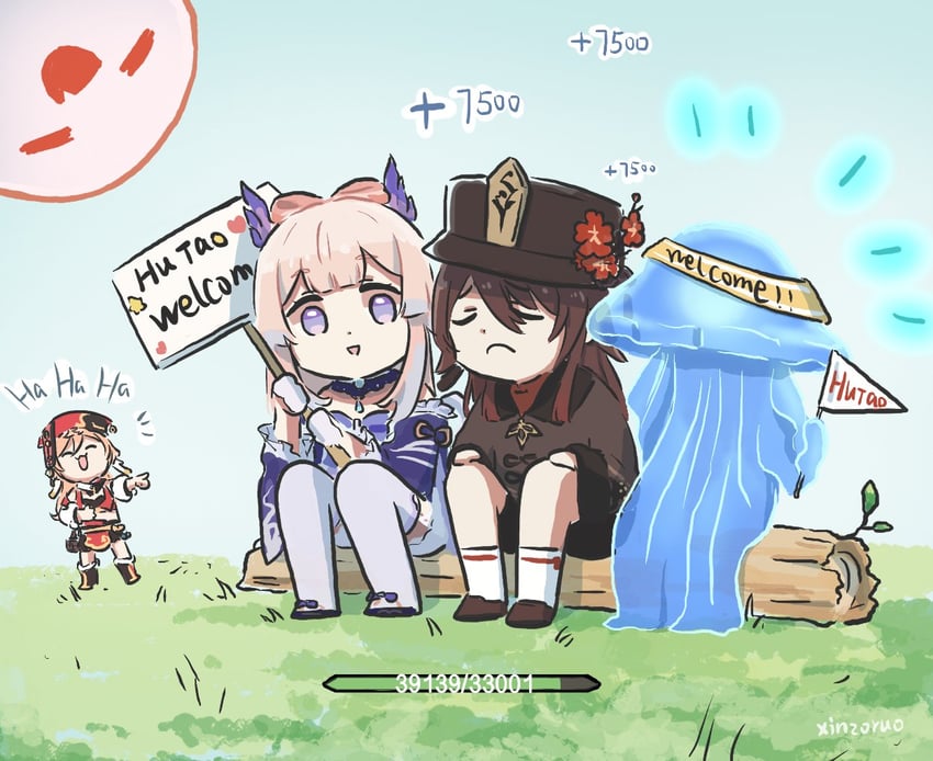 hu tao, boo tao, sangonomiya kokomi, and yanfei (genshin impact) drawn by xinzoruo