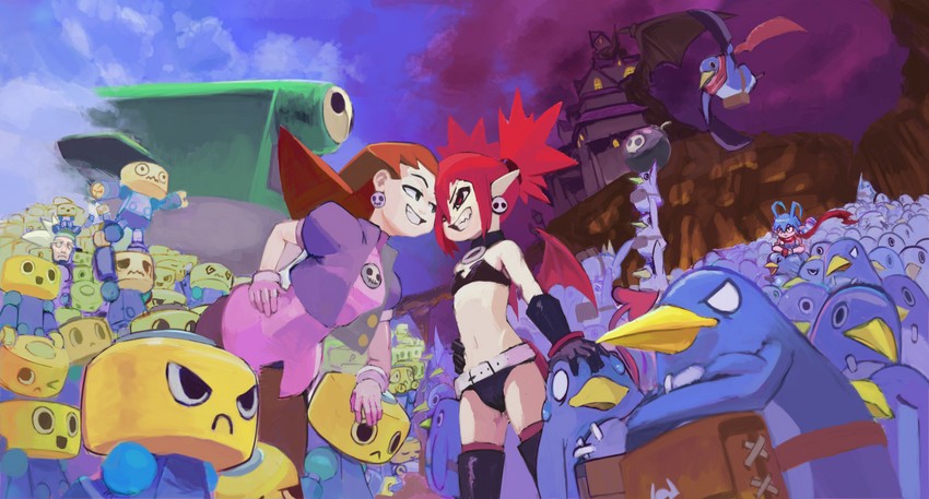 etna, tron bonne, prinny, laharl, servbot, and 1 more (mega man and 3 more) drawn by null_skull