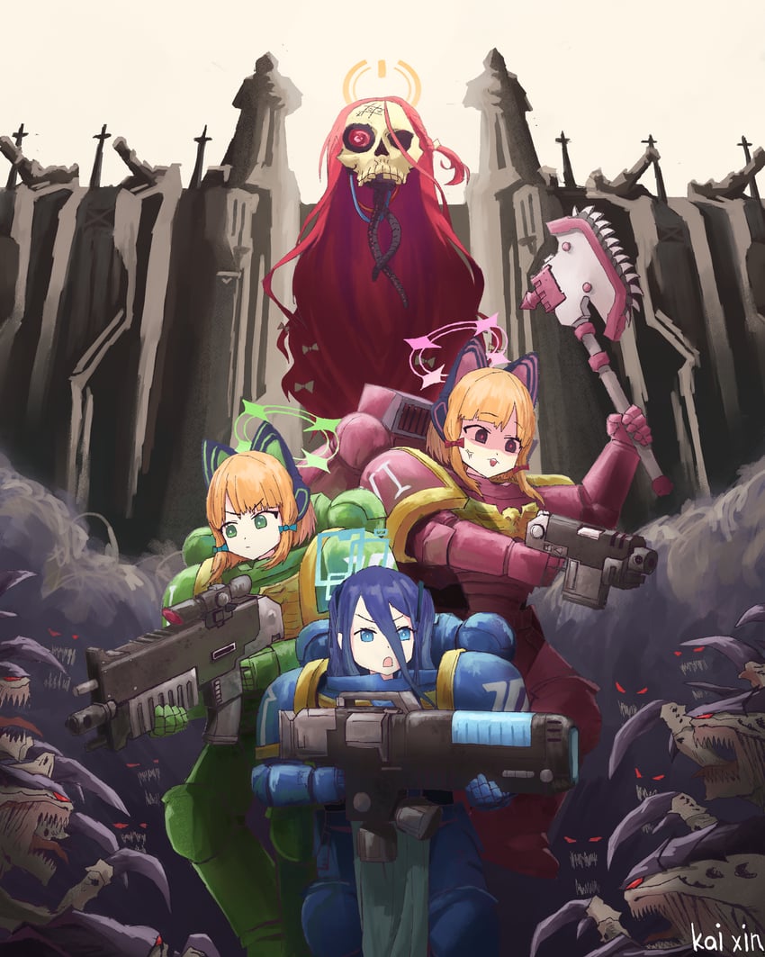 aris, momoi, midori, yuzu, adeptus astartes, and 1 more (blue archive and 1 more) drawn by kai_xin