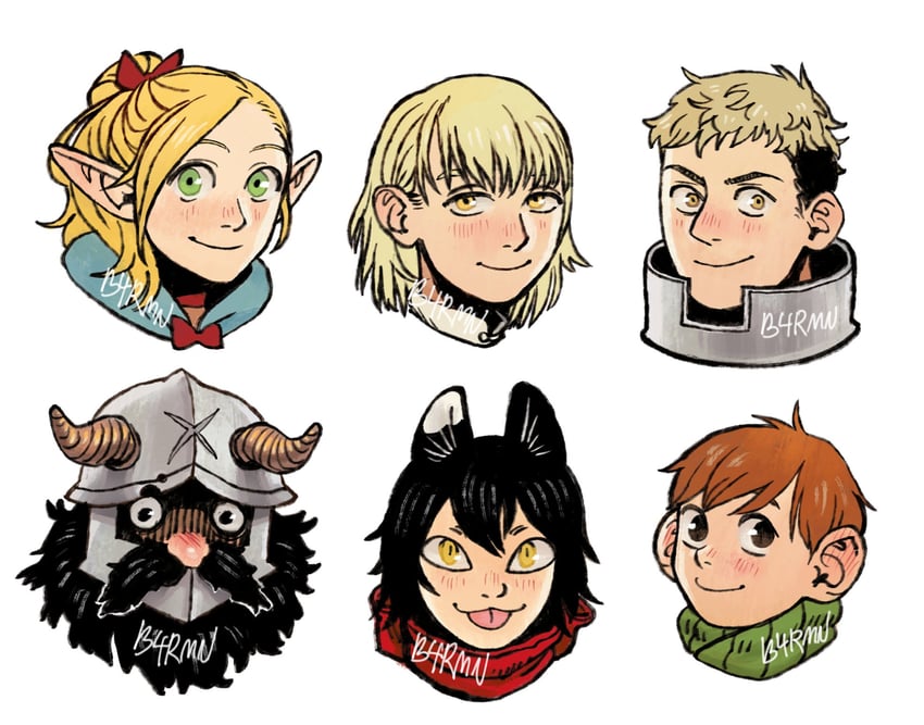marcille donato, falin touden, laios touden, senshi, chilchuck tims, and 1 more (dungeon meshi) drawn by b4rmn