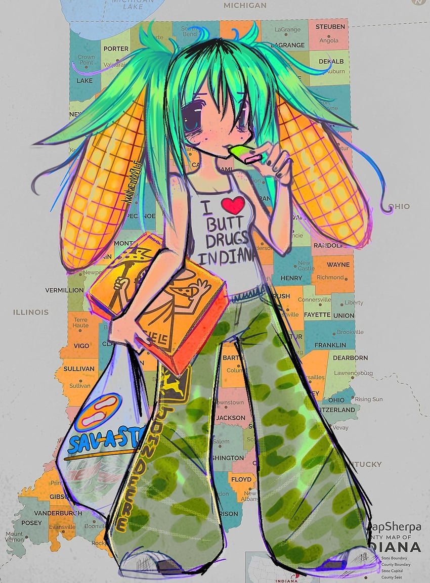 hatsune miku and little caesar (vocaloid and 1 more) drawn by maimedwolf