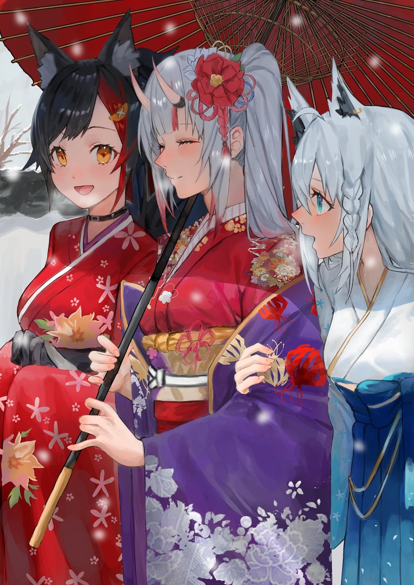 shirakami fubuki, ookami mio, and nakiri ayame (hololive) drawn by kaze_22