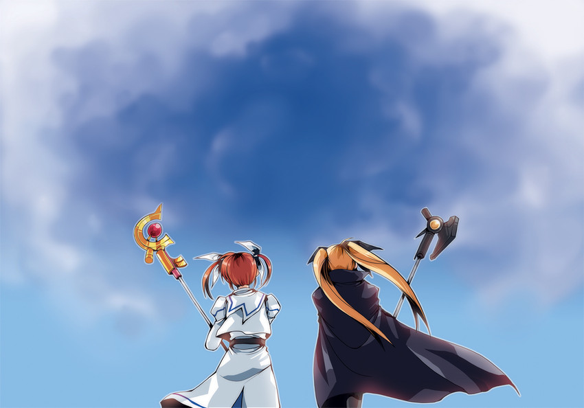 fate testarossa, takamachi nanoha, raising heart, and bardiche (lyrical nanoha and 2 more) drawn by clipe