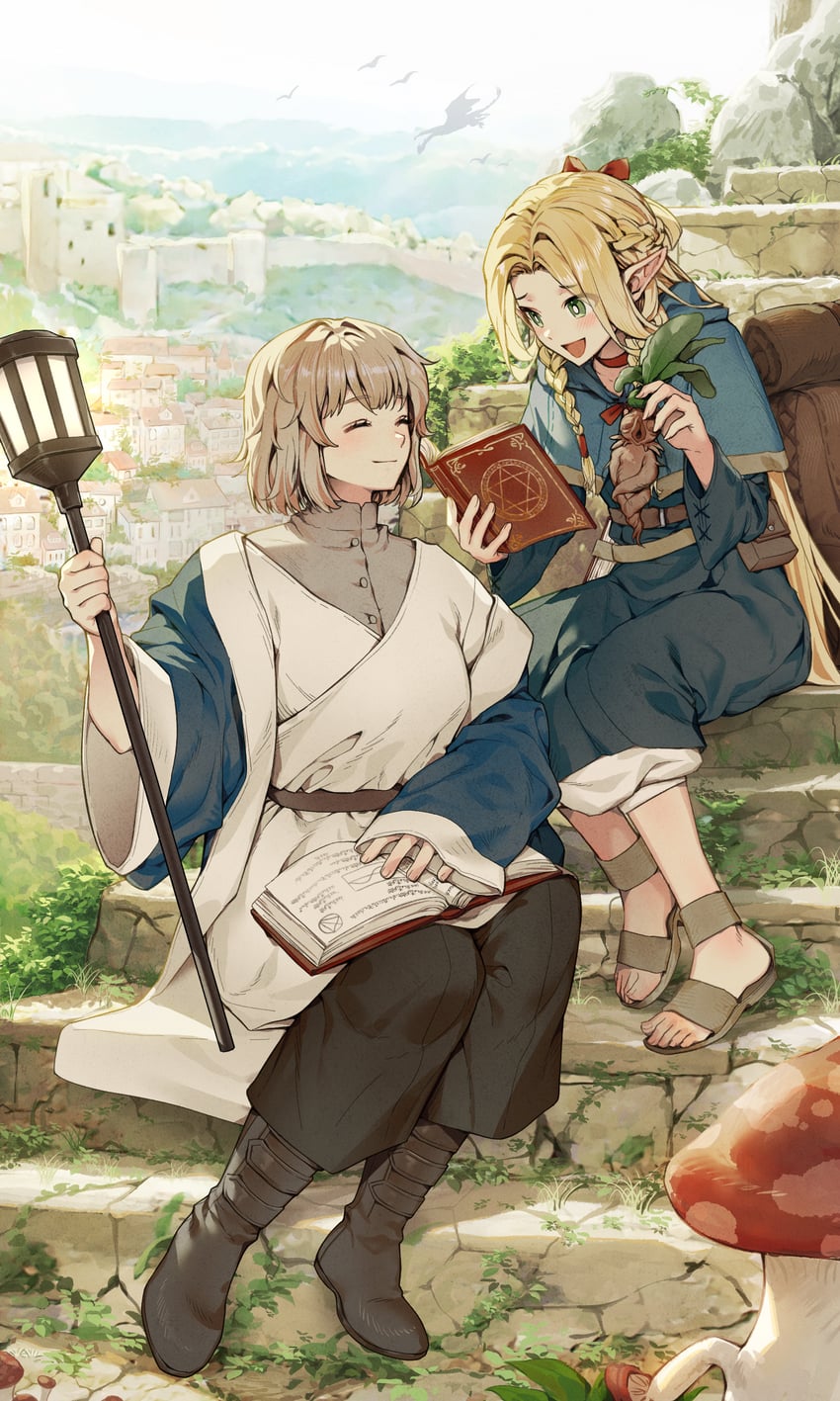 marcille donato, falin touden, and walking mushroom (dungeon meshi) drawn by cika_k