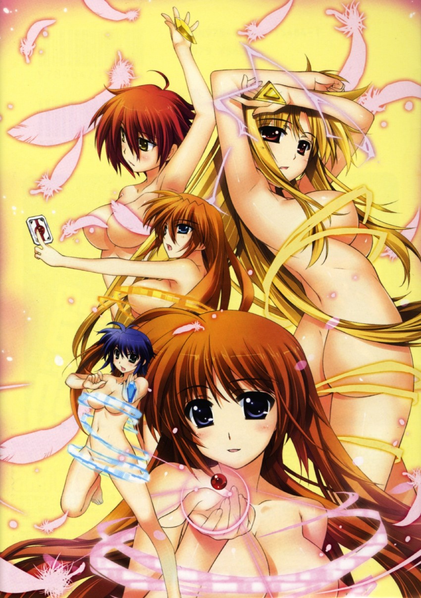 fate testarossa, takamachi nanoha, raising heart, bardiche, subaru nakajima, and 5 more (lyrical nanoha and 1 more) drawn by fujima_takuya