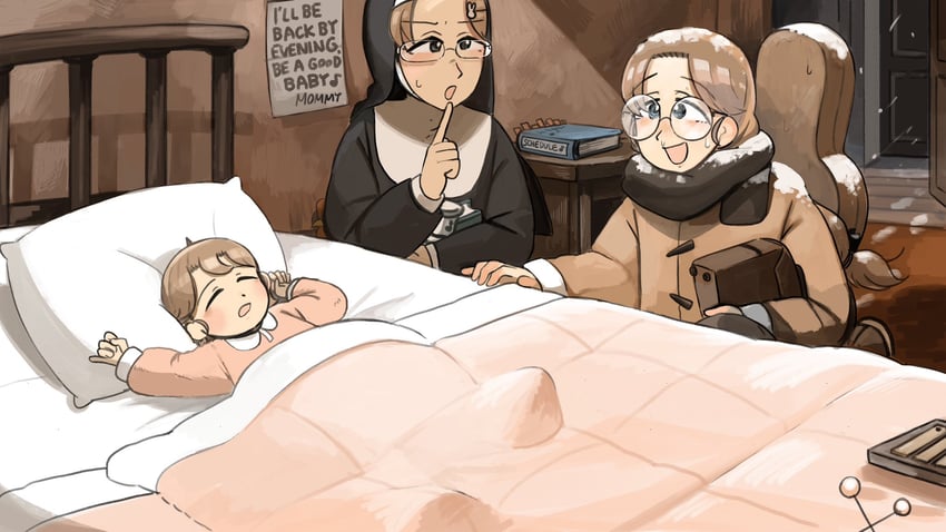 glasses nun, glasses nun's aunt, and glasses nun's mother (little nuns) drawn by diva_(hyxpk)