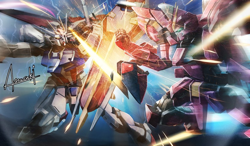 aile strike gundam and aegis gundam (gundam and 1 more) drawn by amasaki_yusuke