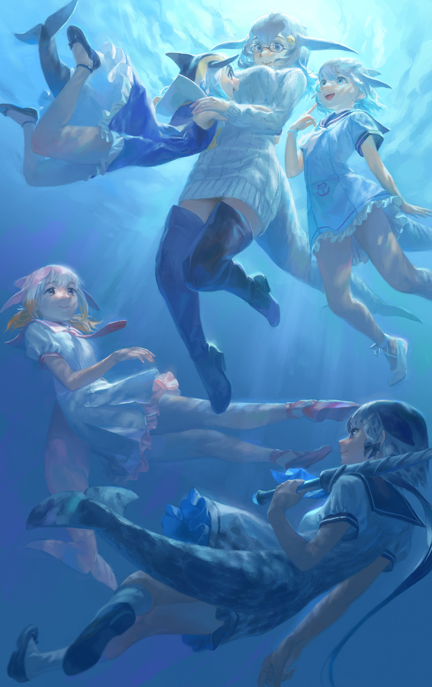 common dolphin, common bottlenose dolphin, narwhal, blue whale, and chinese white dolphin (kemono friends) drawn by tunapon01