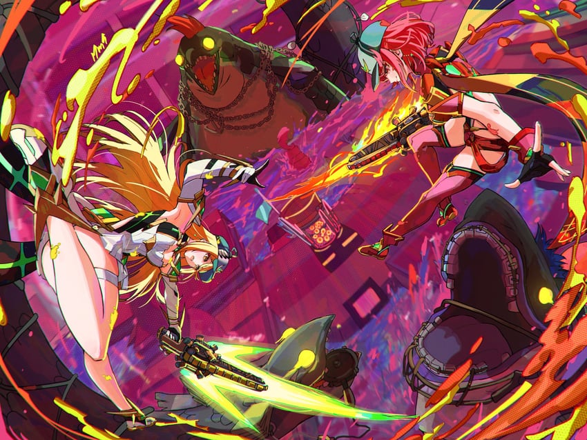 pyra, mythra, horrorboros, cohozuna, and megalodontia (splatoon and 3 more) drawn by milo_monzon