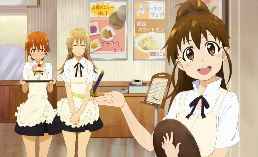taneshima popura, inami mahiru, and todoroki yachiyo (working!!) drawn by adachi_shingo