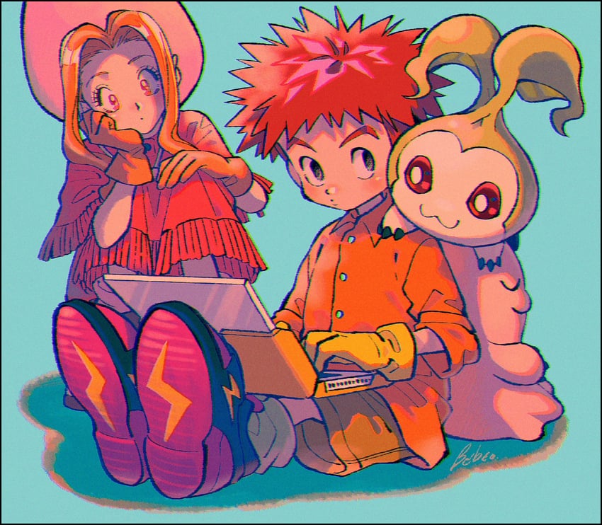 tachikawa mimi, izumi koshiro, tanemon, and mochimon (digimon and 1 more) drawn by kwsby_124