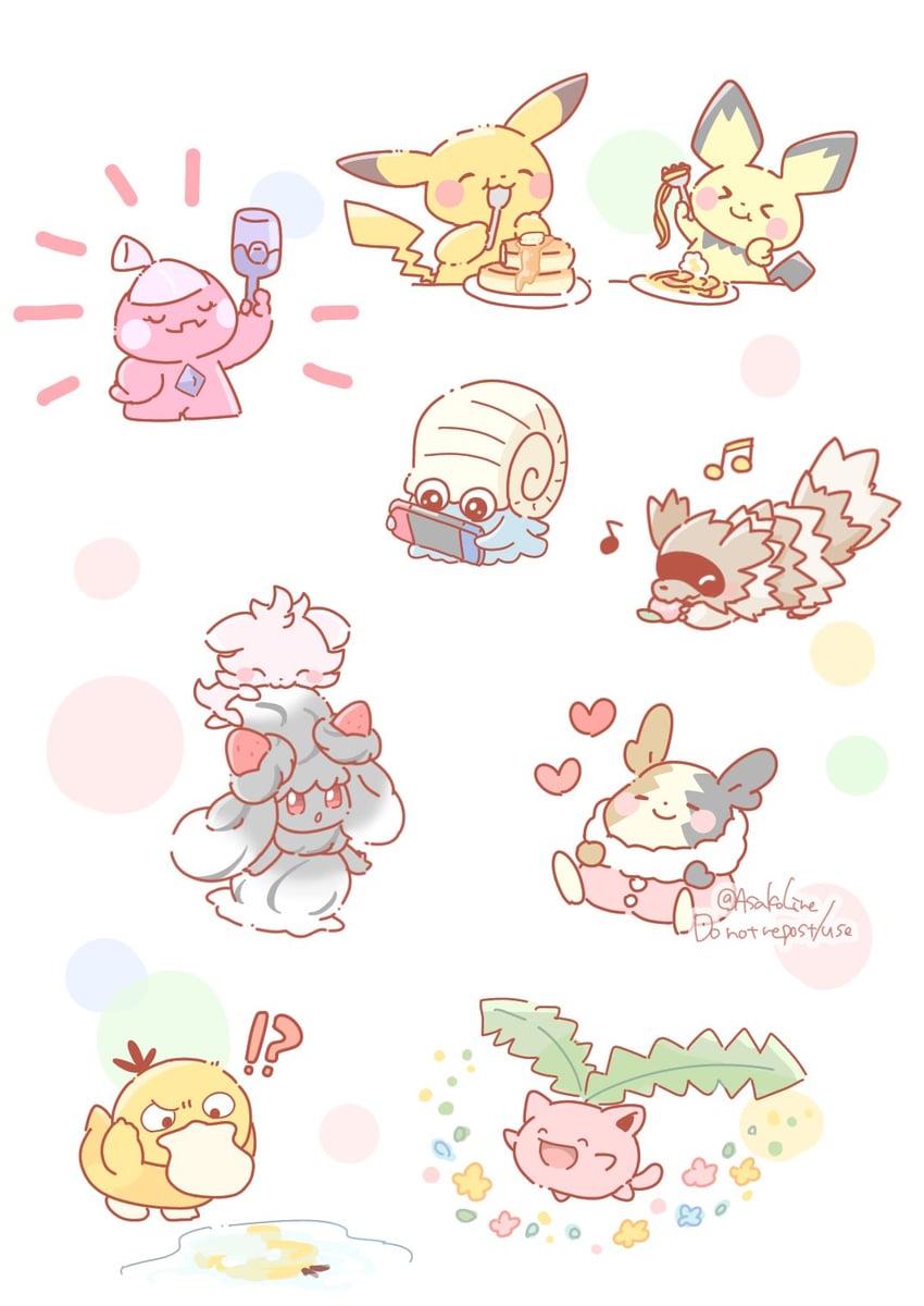 pikachu, morpeko, pichu, psyduck, alcremie, and 4 more (pokemon) drawn by asakoline