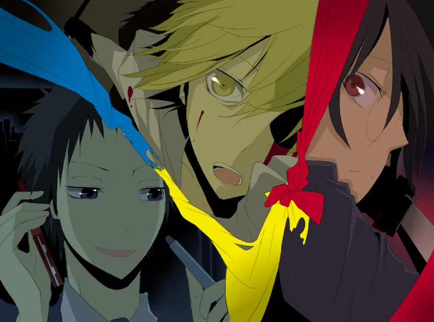sonohara anri, ryuugamine mikado, and kida masaomi (durarara!!) drawn by caballo