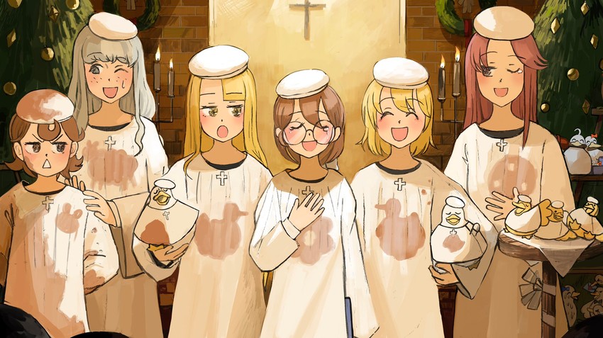 clumsy nun, froggy nun, spicy nun, sheep nun, glasses nun, and 1 more (little nuns) drawn by diva_(hyxpk)