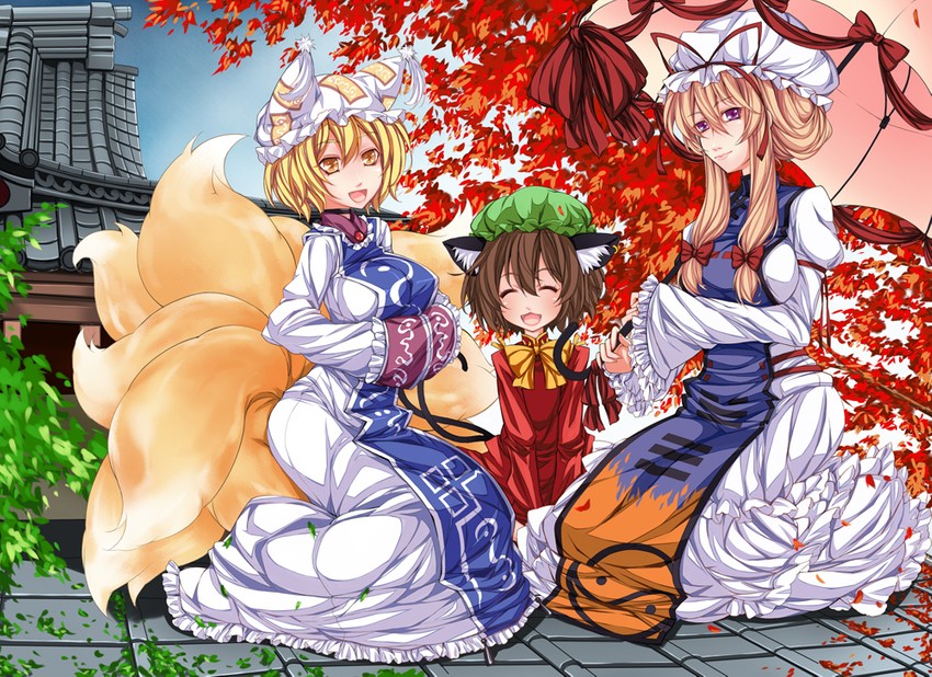 yakumo yukari, yakumo ran, and chen (touhou) drawn by kanda_(squall-rinoa)