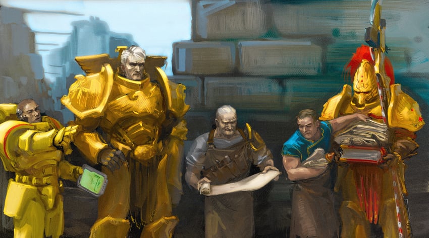 adeptus astartes, adeptus custodes, and rogal dorn (warhammer 40k) drawn by mammona