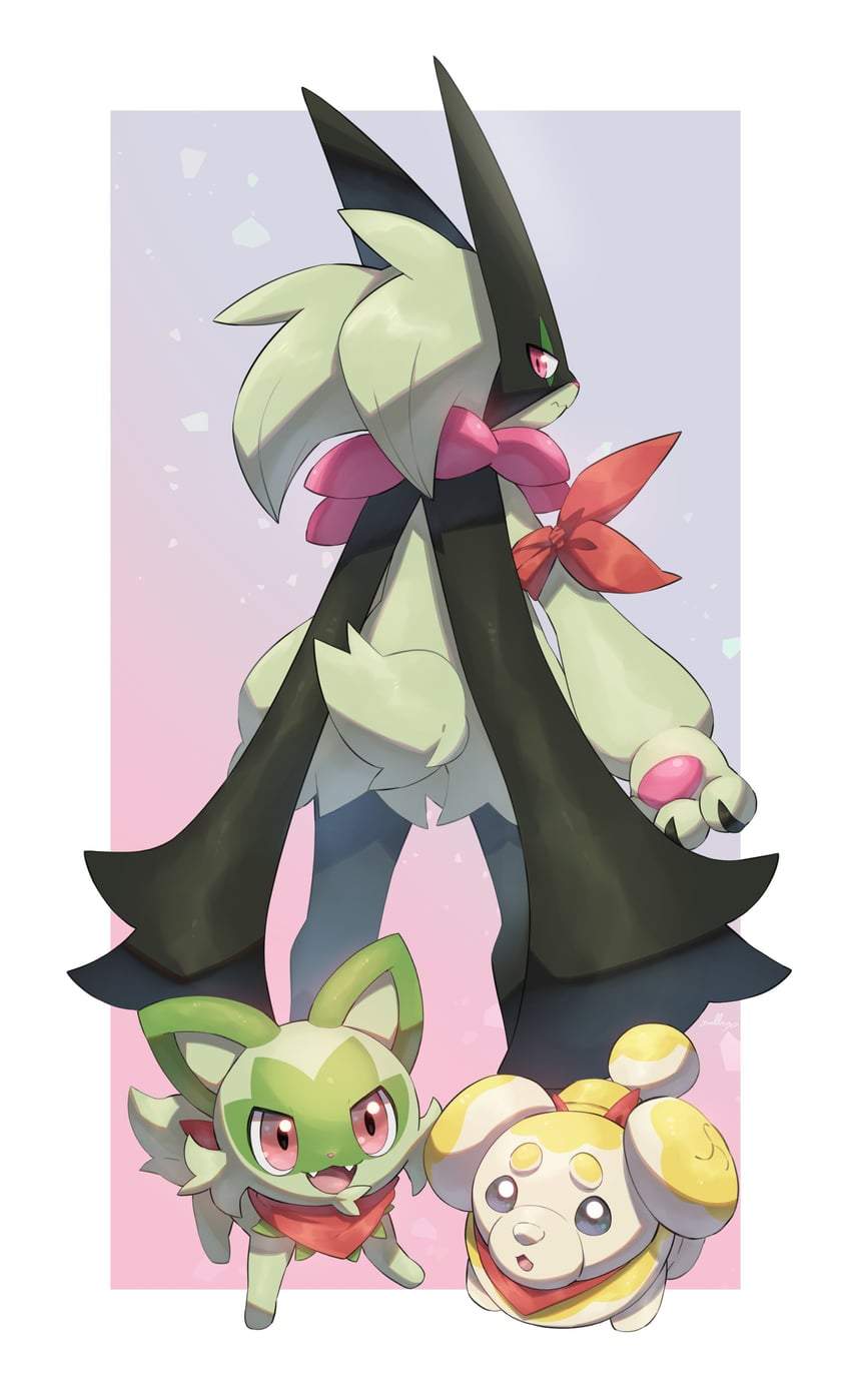 sprigatito, meowscarada, and fidough (pokemon and 1 more) drawn by nullma