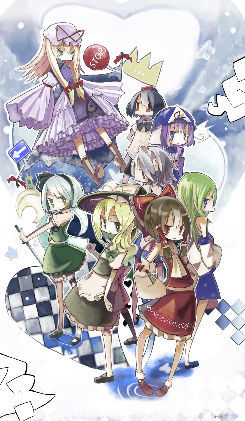 hakurei reimu, kirisame marisa, izayoi sakuya, kochiya sanae, konpaku youmu, and 3 more (touhou) drawn by narutama