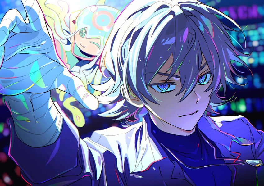 jellymon and higashimitarai kiyoshiro (digimon and 1 more) drawn by ojing_oppa_(o_b_s_00)
