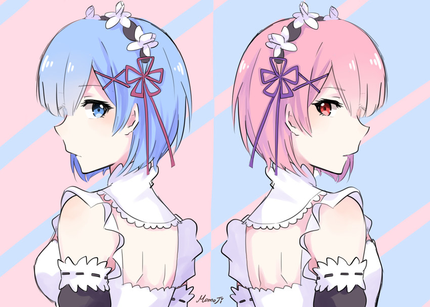 rem and ram (re:zero kara hajimeru isekai seikatsu) drawn by momoji_(momojihiha)