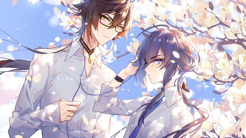 zhongli and fu hua (genshin impact and 3 more) drawn by kickylian
