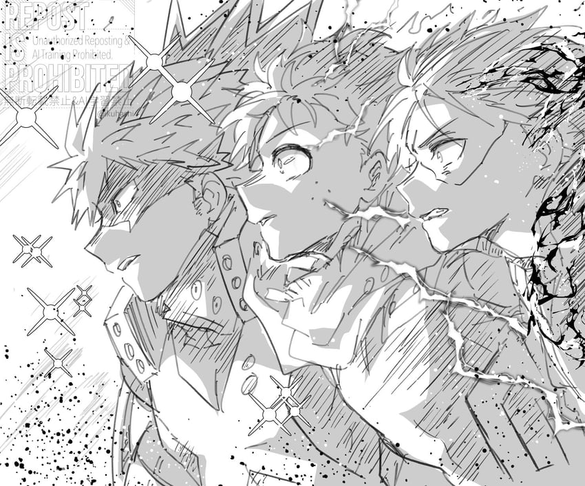 midoriya izuku, bakugou katsuki, and todoroki shoto (boku no hero academia) drawn by ikuhashi_muiko