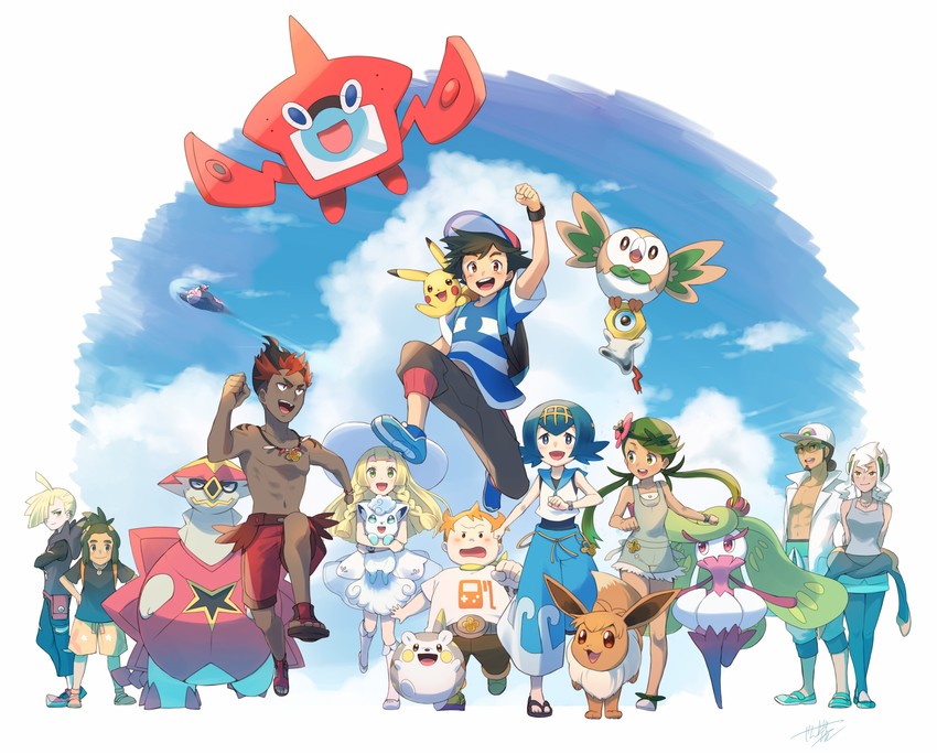 pikachu, lillie, ash ketchum, eevee, rotom, and 17 more (pokemon and 1 more) drawn by jandara_rin