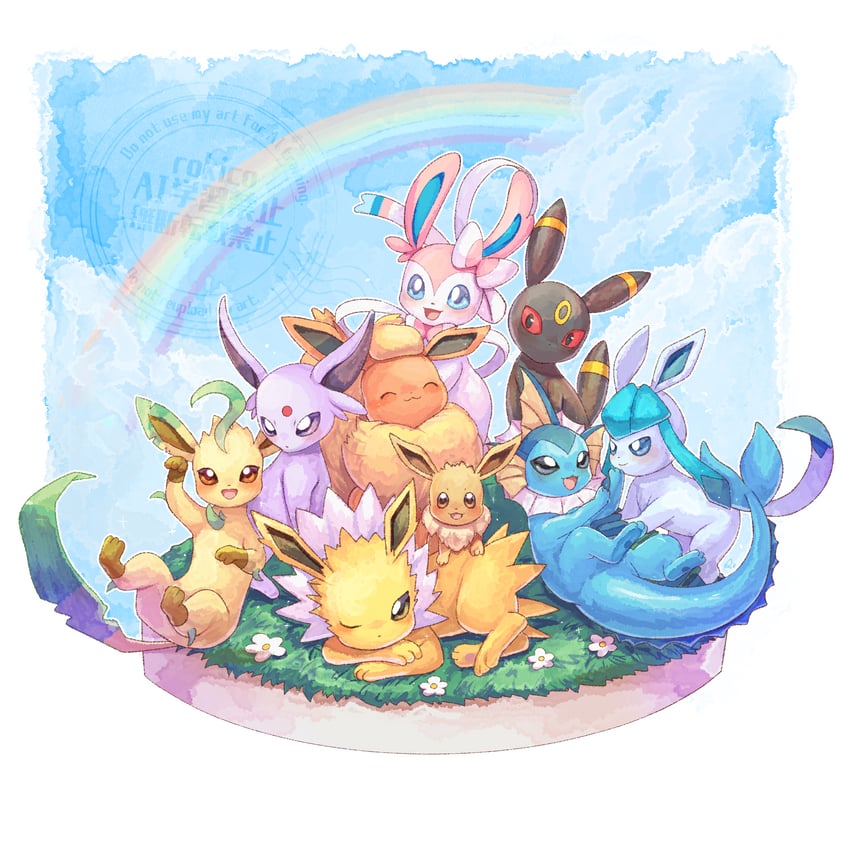 eevee, sylveon, umbreon, glaceon, vaporeon, and 4 more (pokemon) drawn by rokico