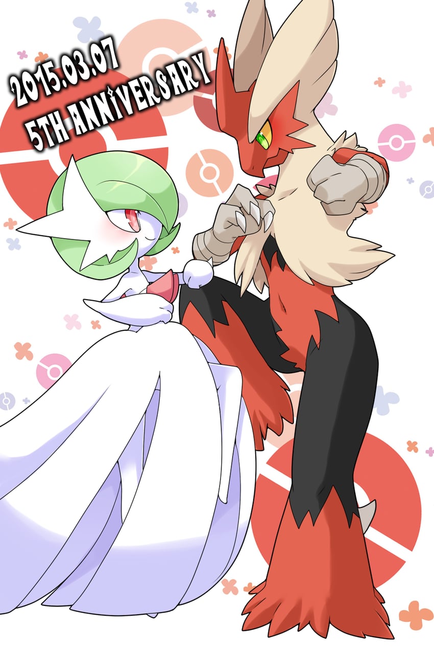 gardevoir, mega gardevoir, blaziken, and mega blaziken (pokemon) drawn by zakro