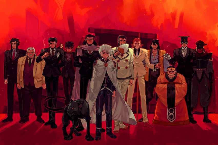 shockwave alberto, zangetsu the midday, shokatsu koumei, direct descendant doki, dazzling cervantes, and 8 more (giant robo) drawn by hamu_fukurou
