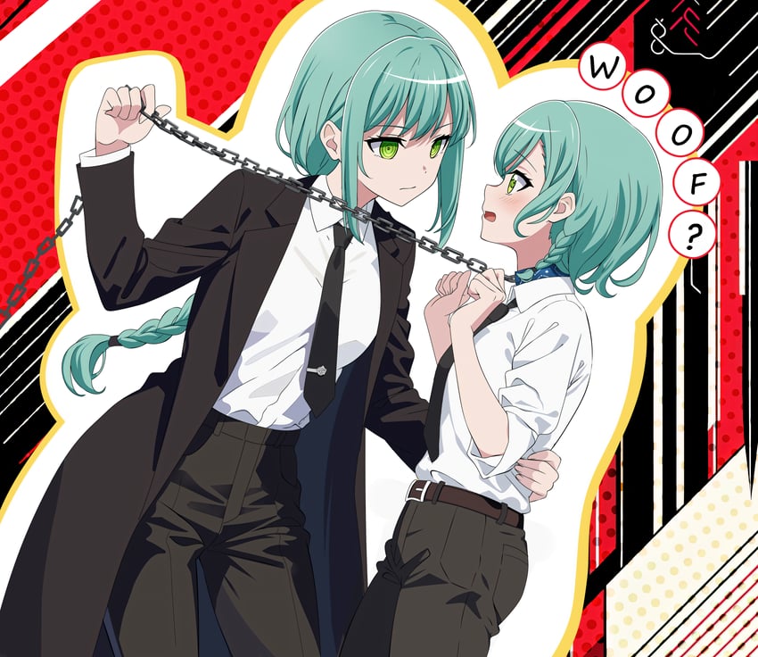 makima, denji, hikawa sayo, and hikawa hina (bang dream! and 1 more) drawn by fries_vanquisher