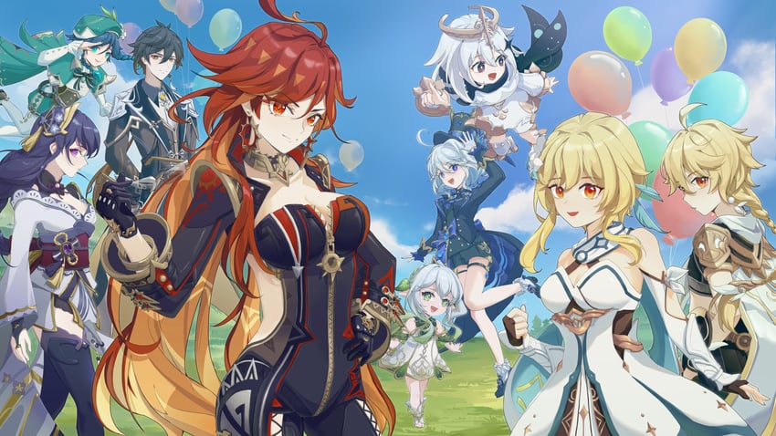 lumine, raiden shogun, aether, furina, nahida, and 4 more (genshin impact) drawn by bear_minstrel