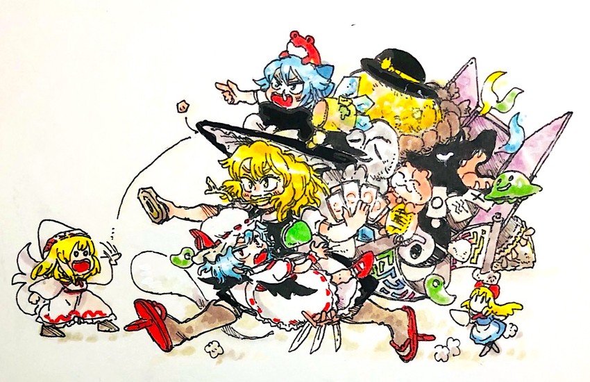 kirisame marisa, remilia scarlet, konpaku youmu, cirno, shanghai doll, and 2 more (touhou) drawn by morisshii_(morishiey)