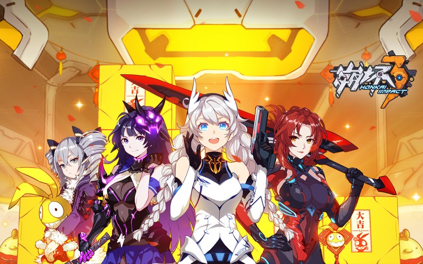 kiana kaslana, raiden mei, bronya zaychik, murata himeko, and homu (honkai and 1 more)